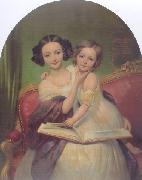 Joseph-Desire Court Portrait de Marguerite Louise Cibiel et de Marie Aglaure Cibiel assises sur un sofa  feuilletant un livre oil on canvas